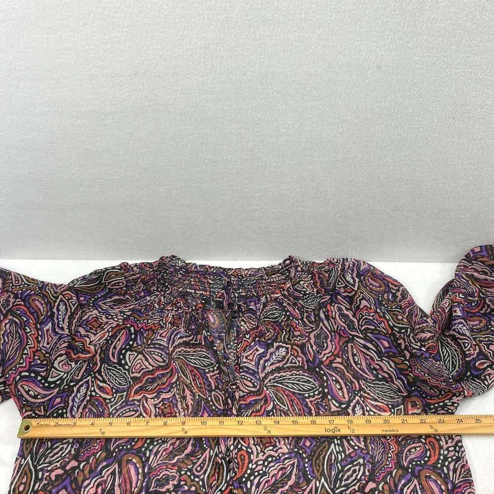 Sanctuary Blouse Women XL Floral Leaf Smocked Neck Balloon Sleeve Boho Sheer Top - Picture 6 of 12